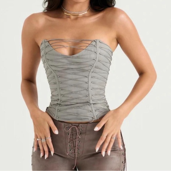 House of CB Gray Lace-Up Bodysuit - Picture 1 of 3